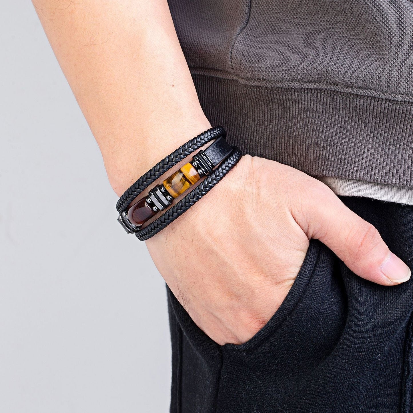Men's Tiger Eye Bracelet Multilayer Leather Strap Treyfe